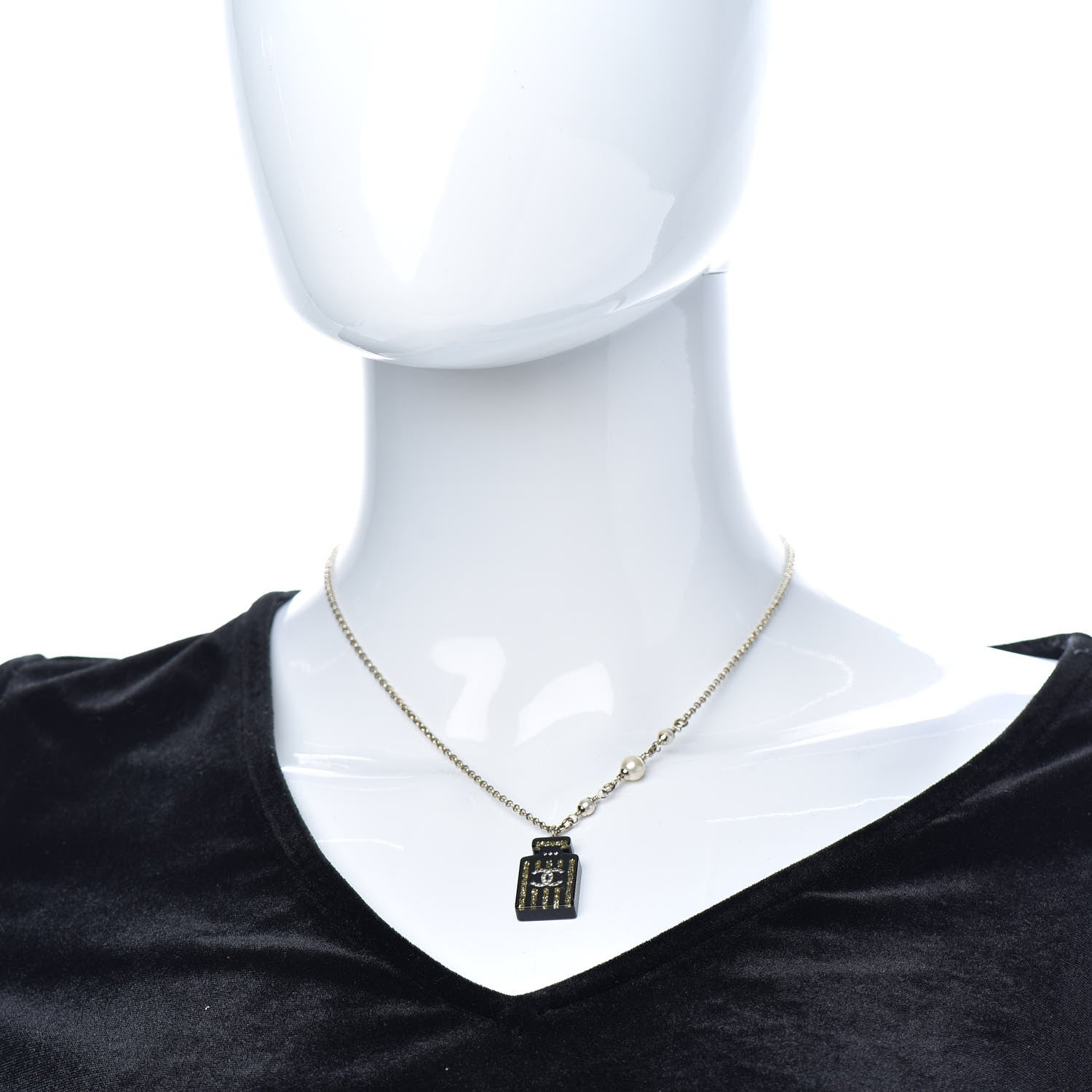 Chanel Resin Strass Perfume Bottle CC Necklace Black Gold 2 of 5