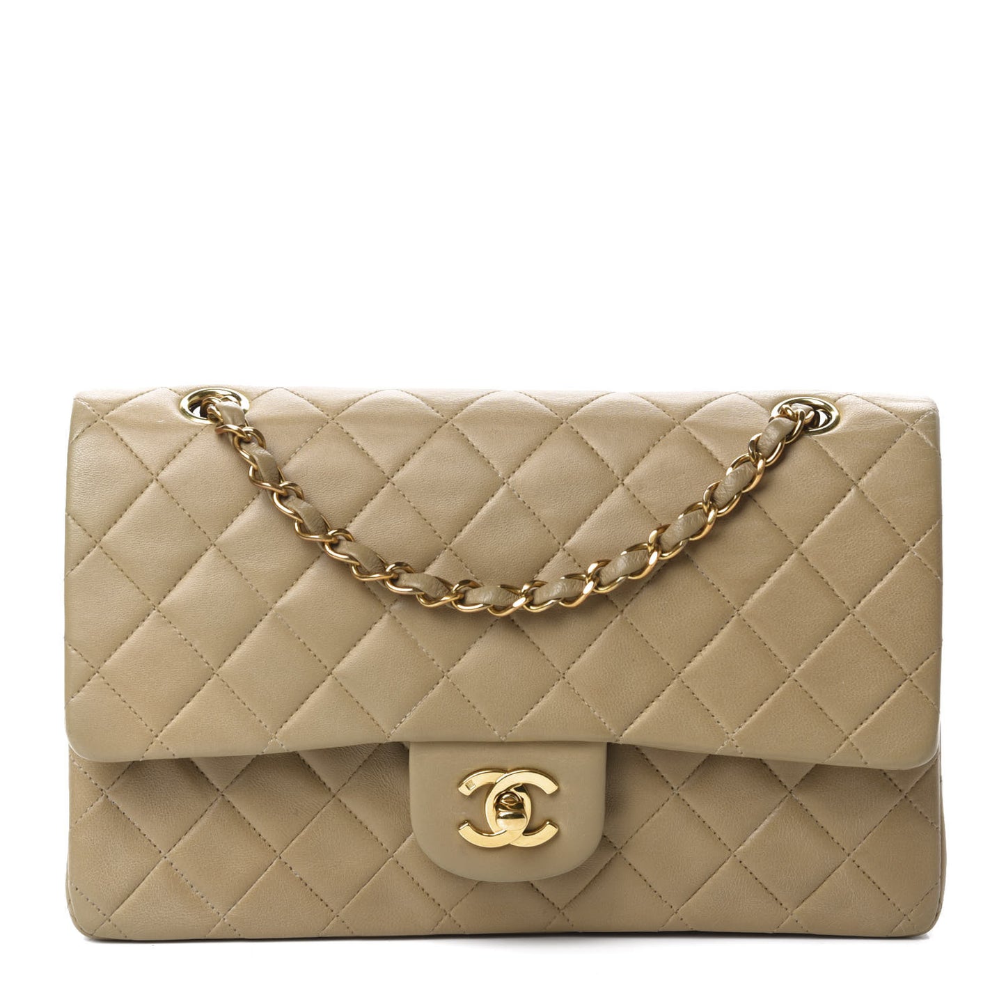 Lambskin Quilted Medium Double Flap Beige