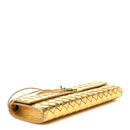 Bottega Veneta Metallic Satin Lambskin Intrecciato Long Andiamo Top Handle Clutch Gold 4 of 10