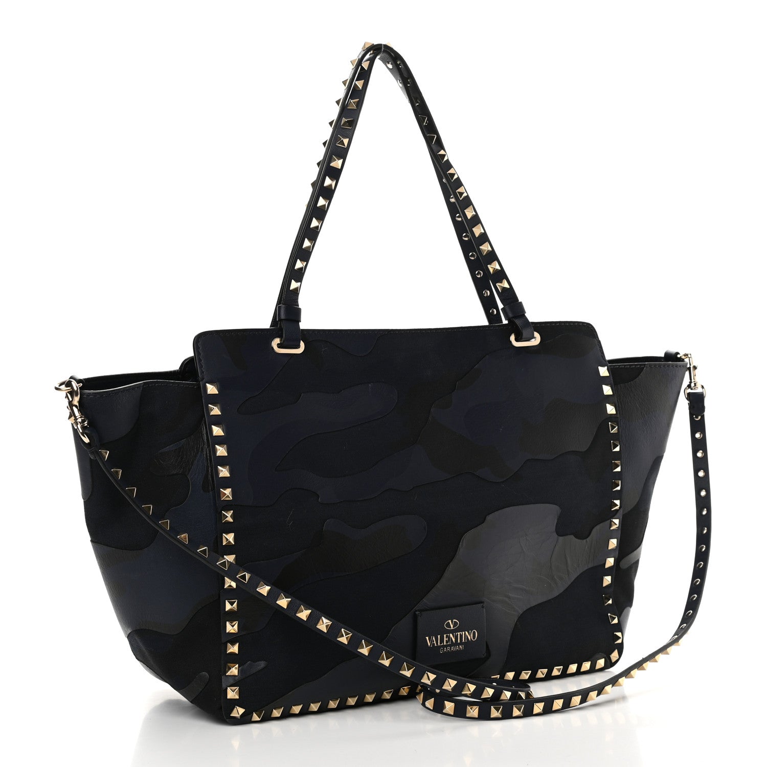 Valentino Garavani Nappa Canvas Camouflage Medium Rockstud Tote Marine 3 of 14