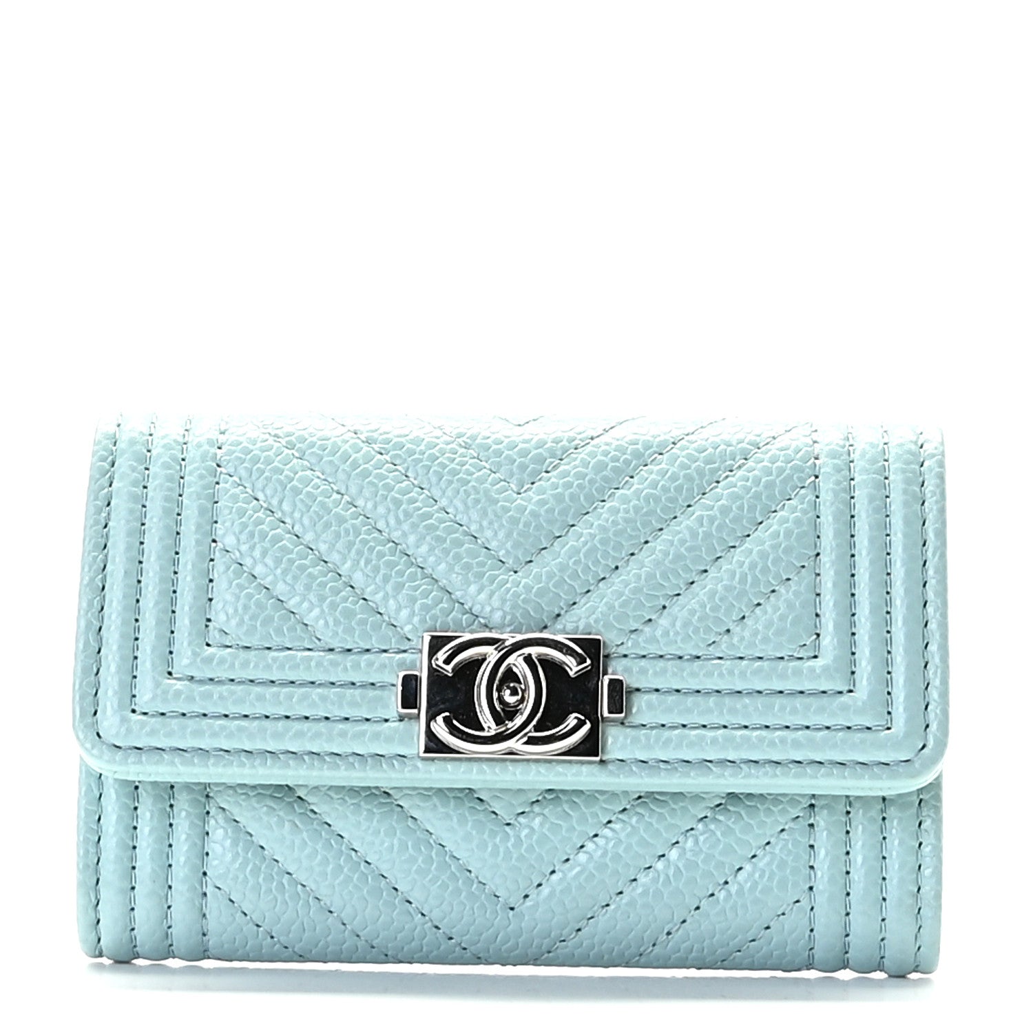 Chanel Caviar Chevron Quilted Boy Card Holder Light Blue 1 of 10