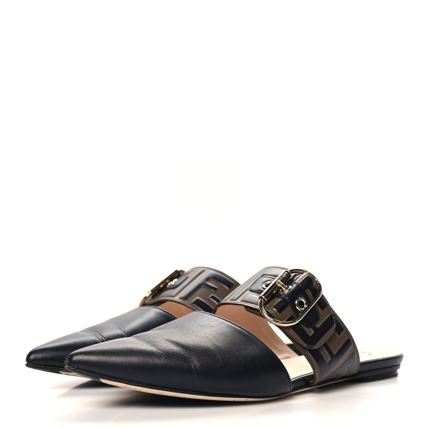 Vitello FF Embossed Buckle Flat Mules 36.5 Maya Black