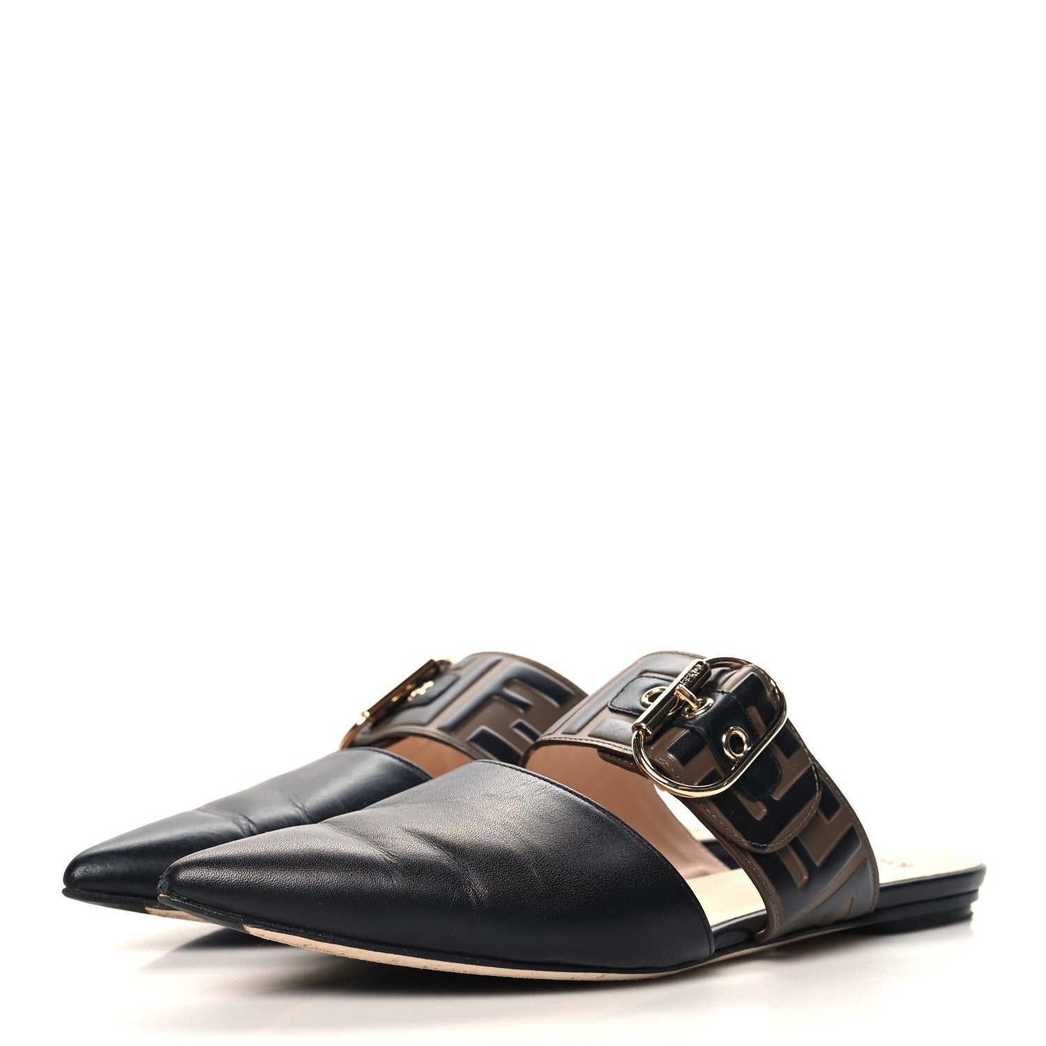 Fendi Vitello FF Embossed Buckle Flat Mules 36.5 Maya Black 4 of 9