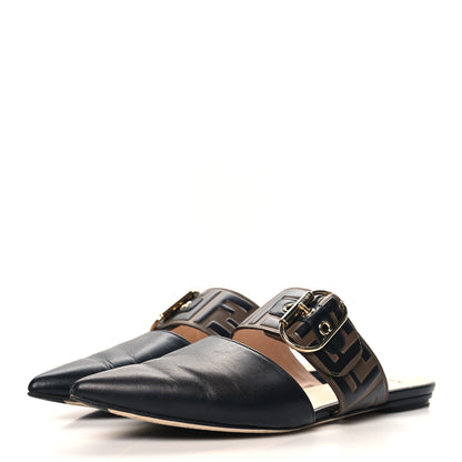 Fendi Vitello FF Embossed Buckle Flat Mules 36.5 Maya Black 4 of 9