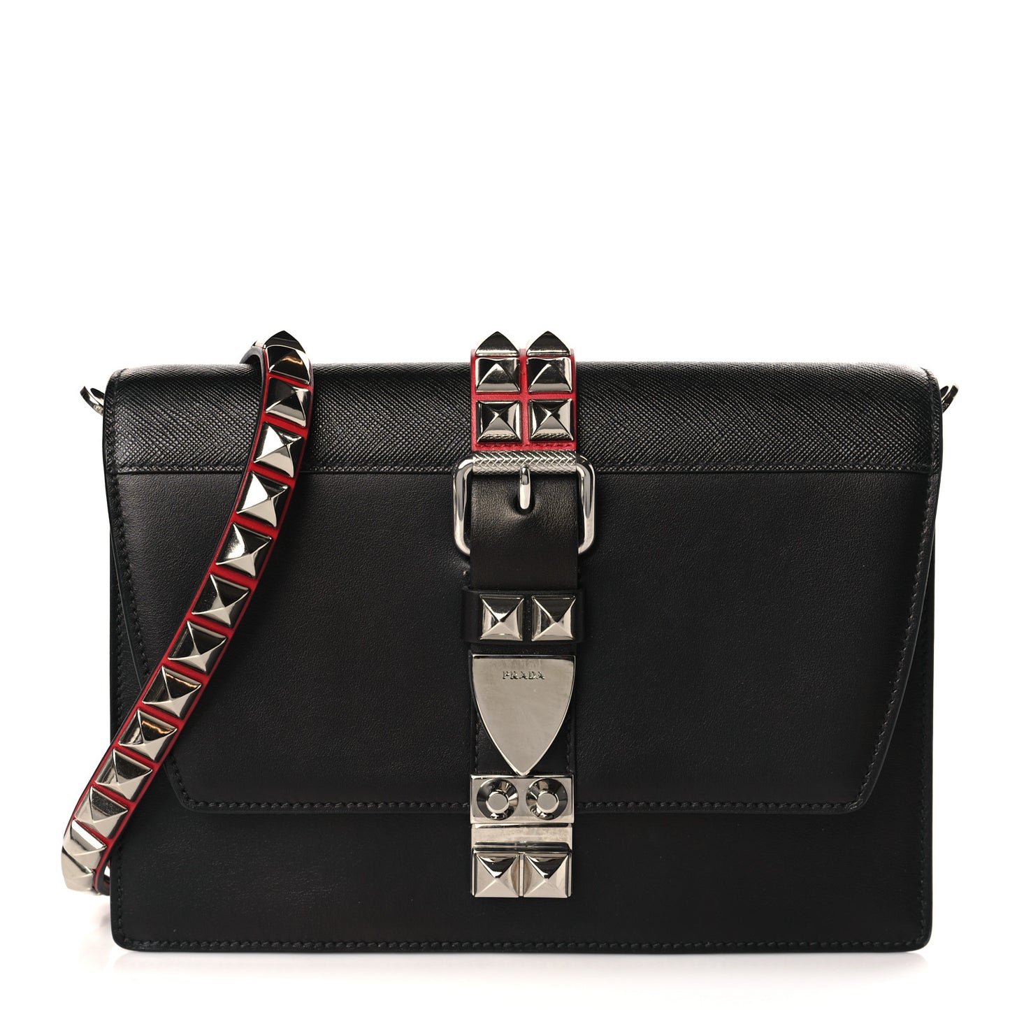 Saffiano City Calfskin Studded Large Elektra Shoulder Bag Black Fuoco