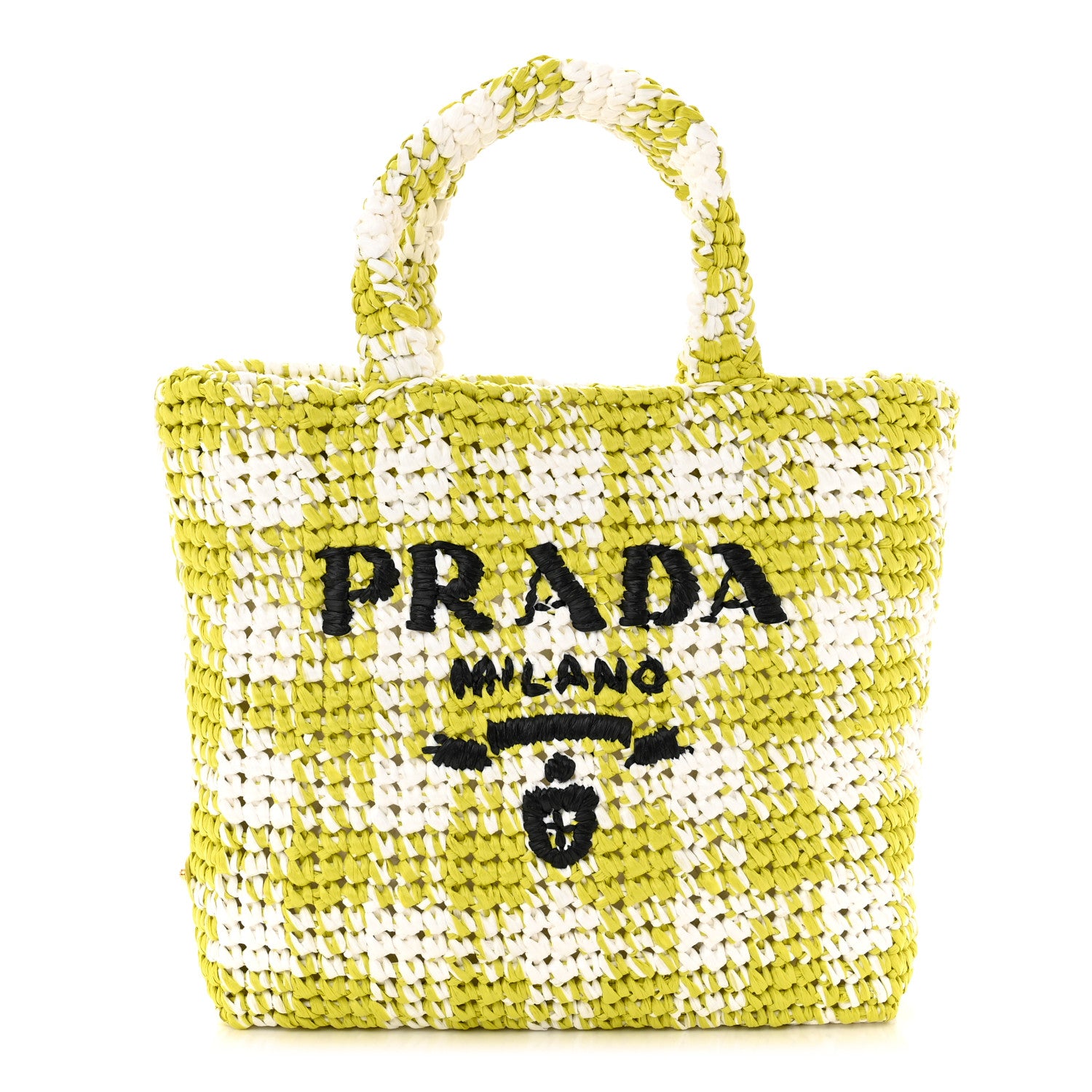 Prada Yarn Raffia Effect Crochet Embroidered Small Logo Tote Citron Yellow 1 of 10