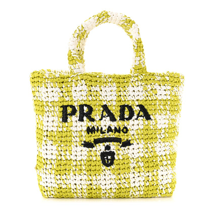 Prada Yarn Raffia Effect Crochet Embroidered Small Logo Tote Citron Yellow 1 of 10