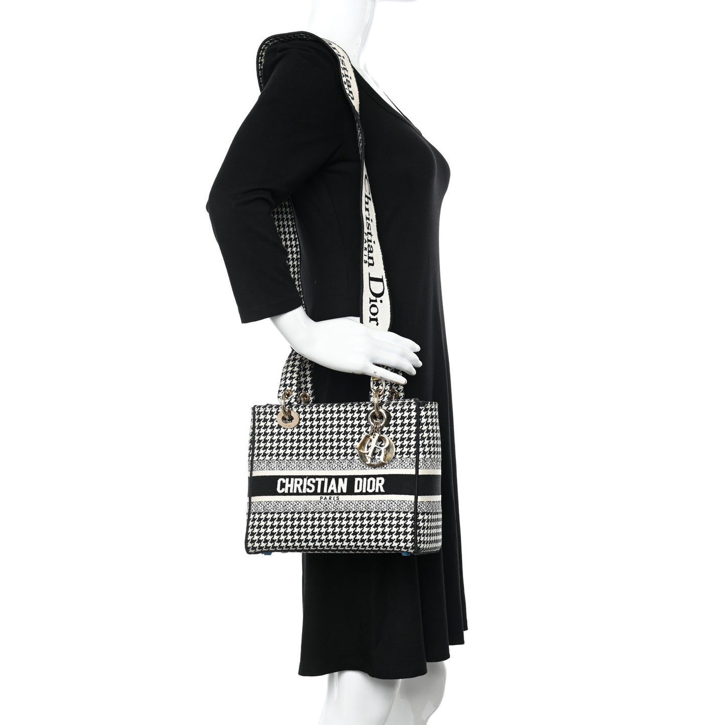 Canvas Houndstooth Embroidered Medium Lady D-Lite Black White