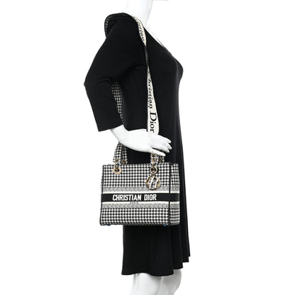 Christian Dior Canvas Houndstooth Embroidered Medium Lady D-Lite Black White 2 of 9