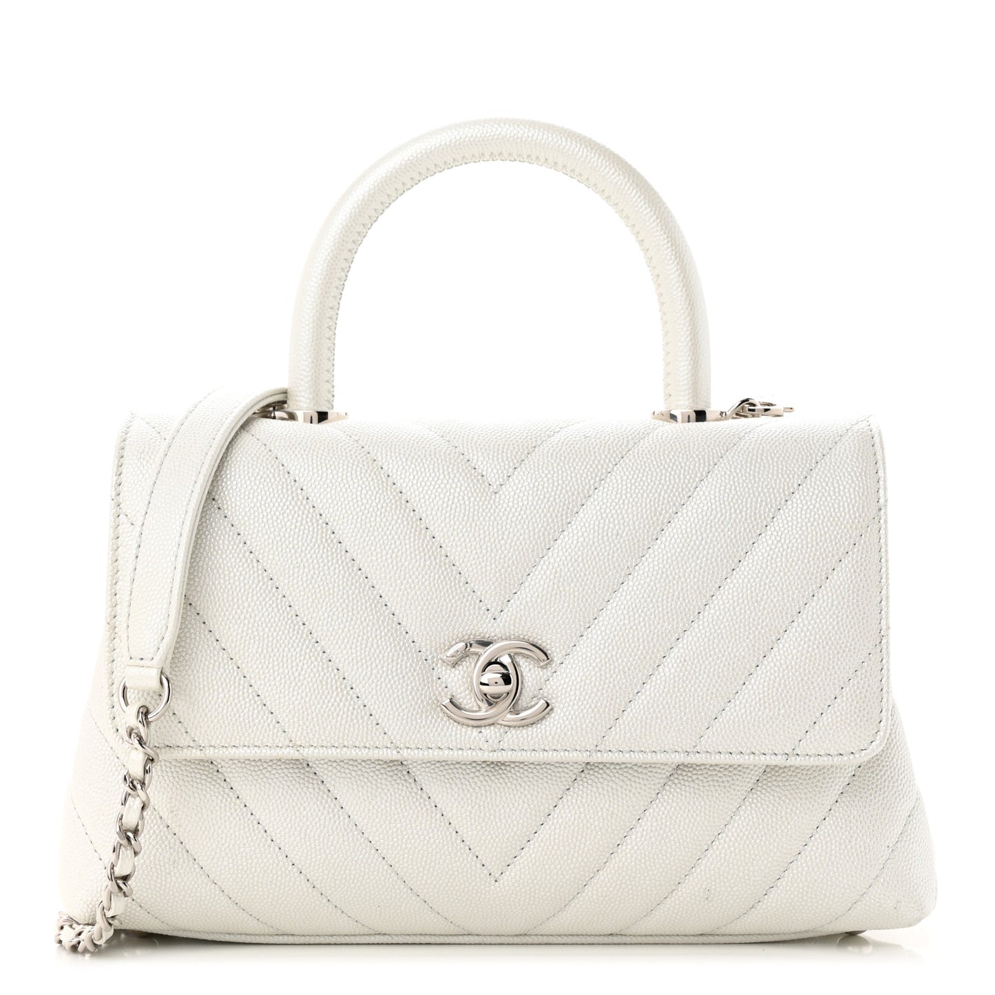 Iridescent Caviar Chevron Quilted Mini Coco Handle Flap White