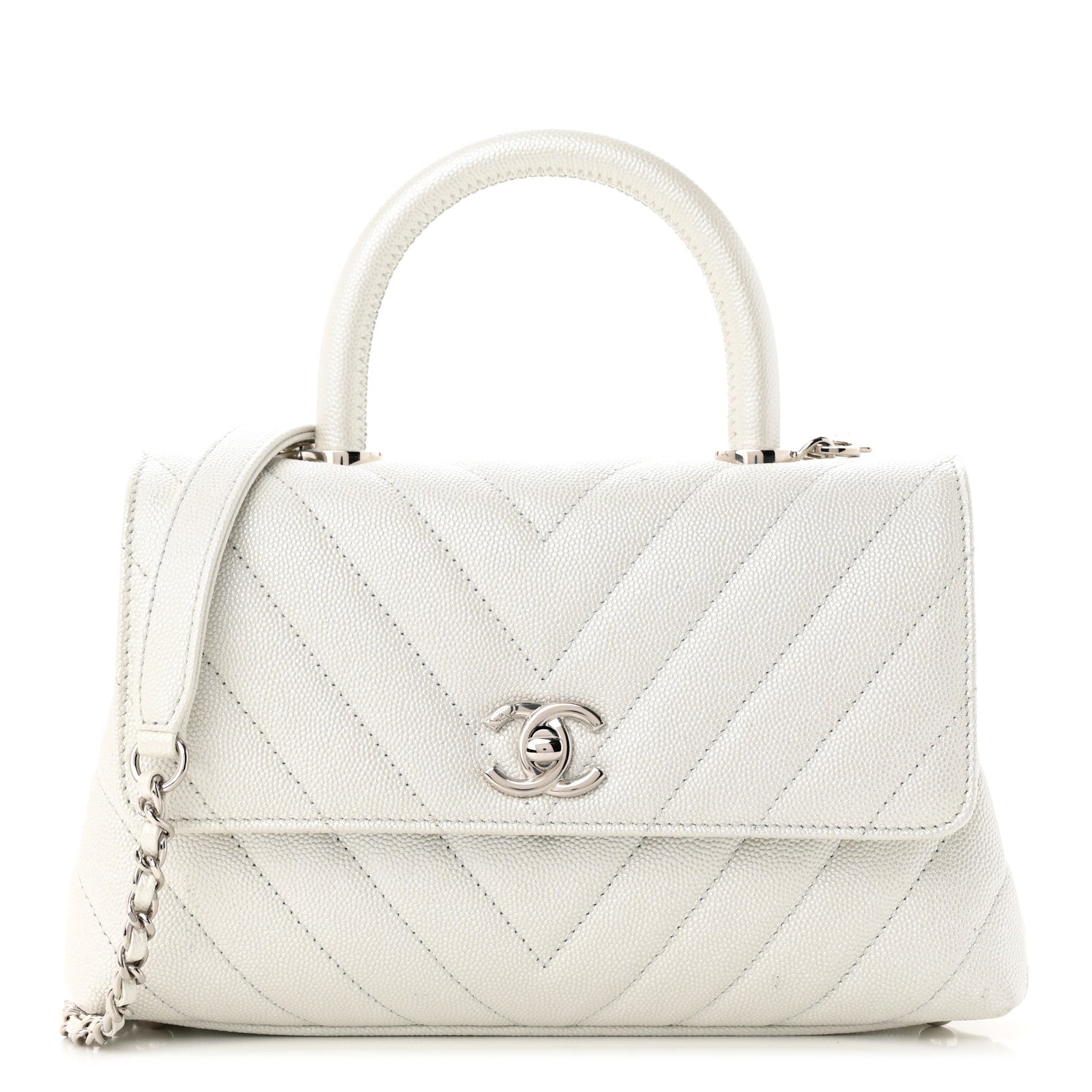 Chanel Iridescent Caviar Chevron Quilted Mini Coco Handle Flap White 1 of 12