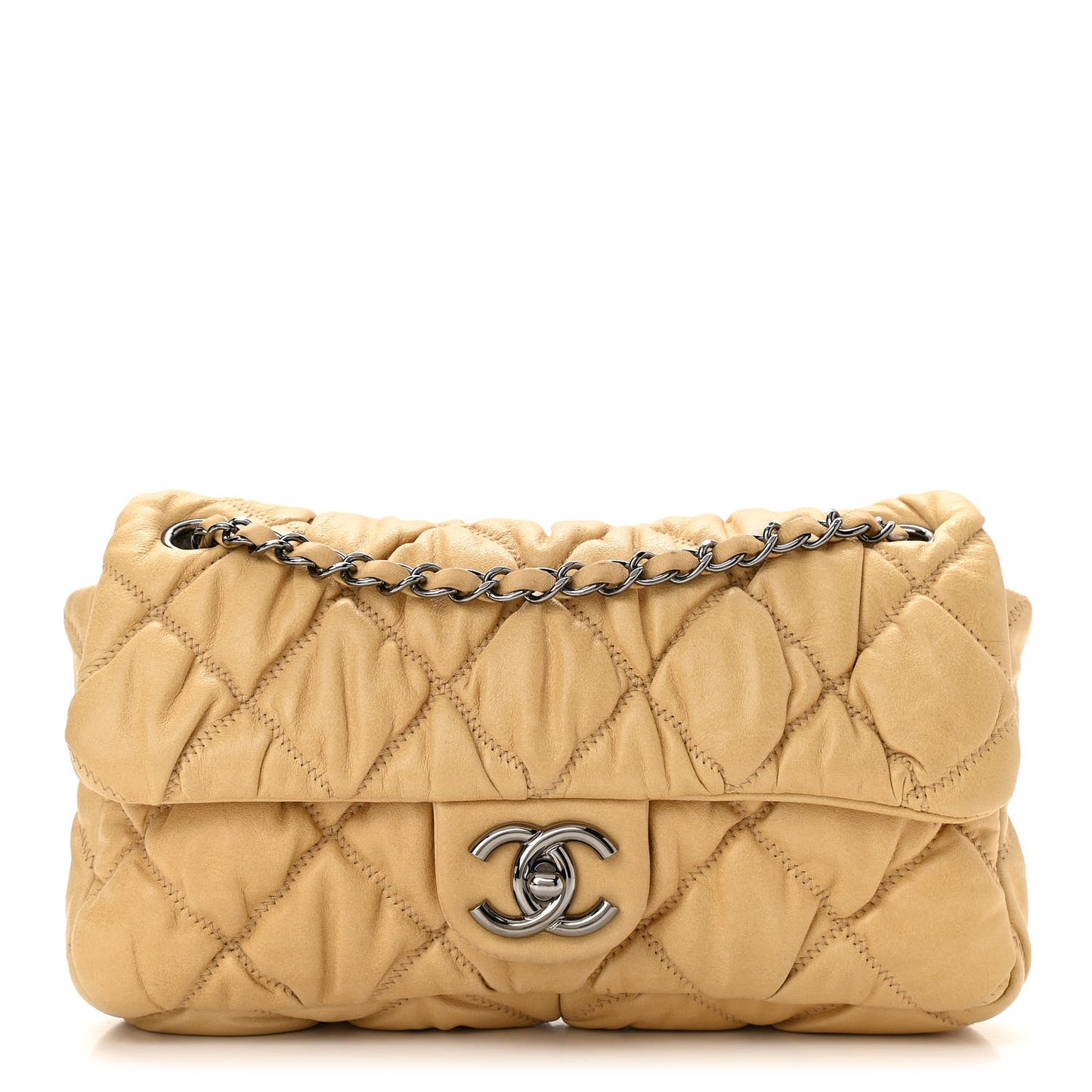 Calfskin Quilted Medium Bubble Quilt Flap Bag Beige