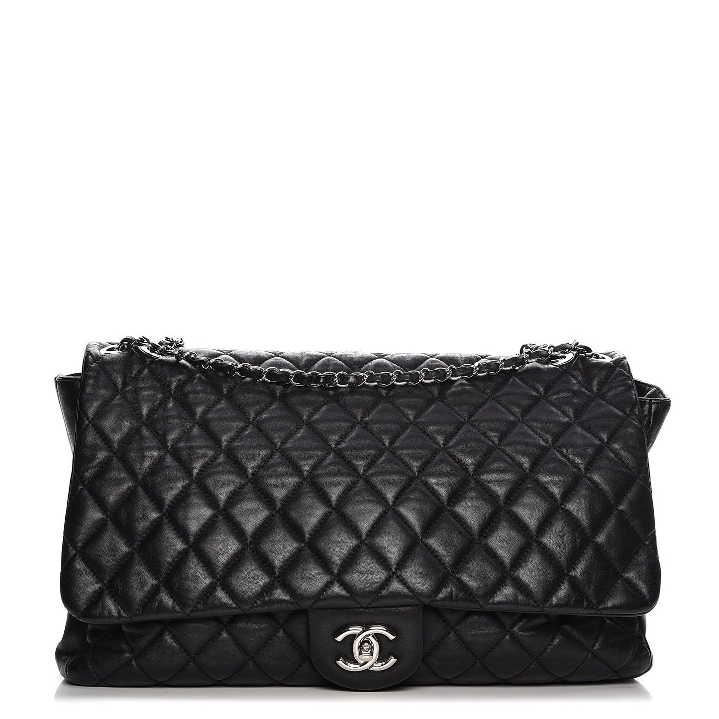 Calfskin Quilted XXL Travel Flap Bag Black