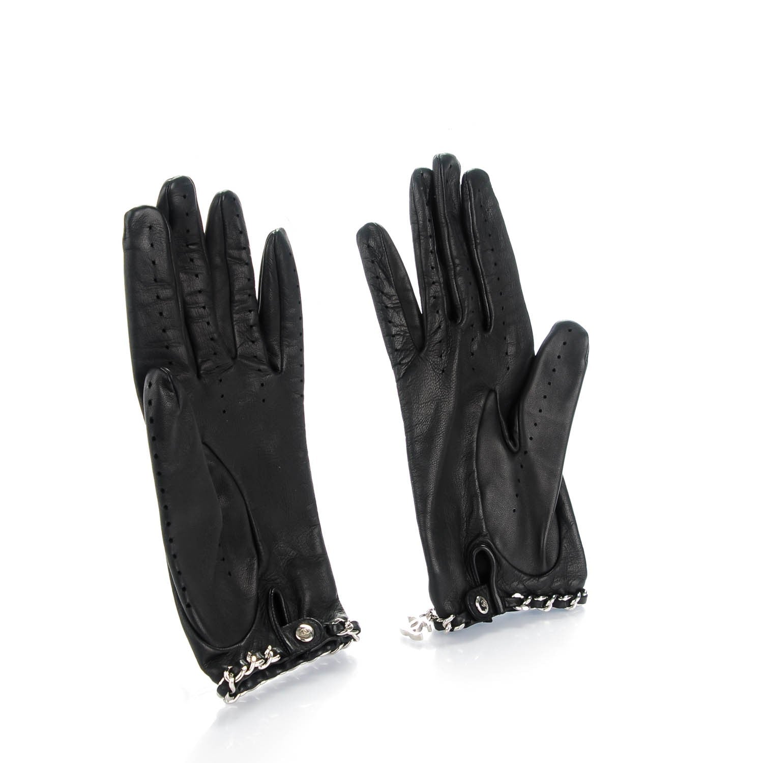 Chanel Lambskin Perforated Chain CC Gloves 8 Black 2 of 4