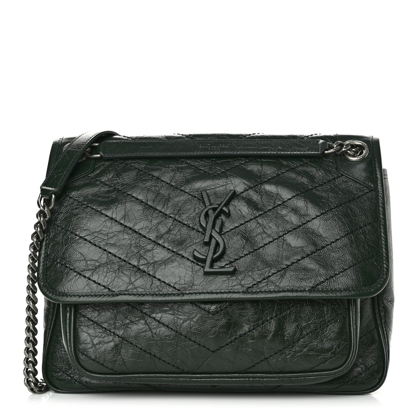 Crinkled Calfskin Matelasse Monogram Medium Niki Chain Satchel Dark Green
