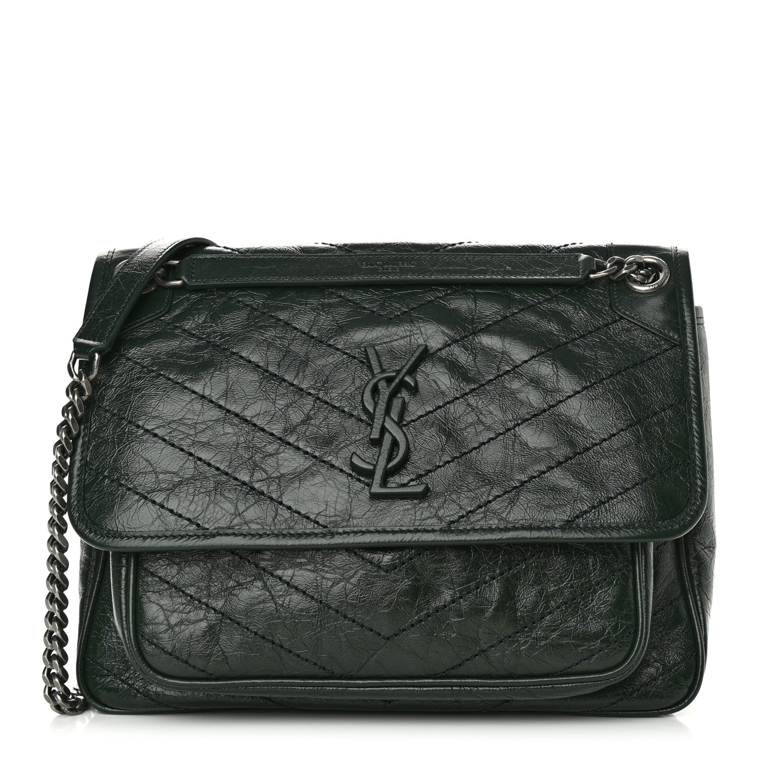 Saint Laurent Crinkled Calfskin Matelasse Monogram Medium Niki Chain Satchel Dark Green 1 of 10