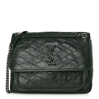 Saint Laurent Crinkled Calfskin Matelasse Monogram Medium Niki Chain Satchel Dark Green 1 of 10
