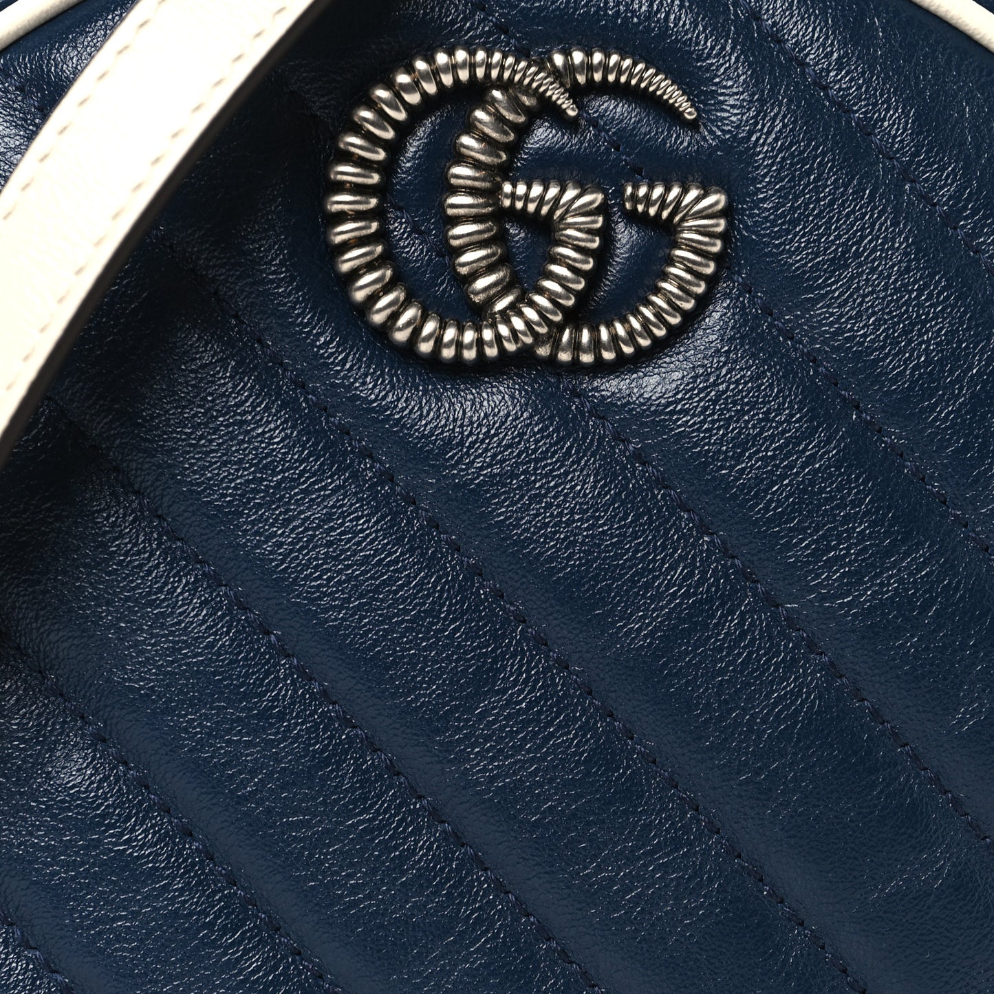 Azalea Calfskin Matelasse Diagonal Mini Torchon GG Marmont Round Shoulder Bag Blue Agata Mystic White