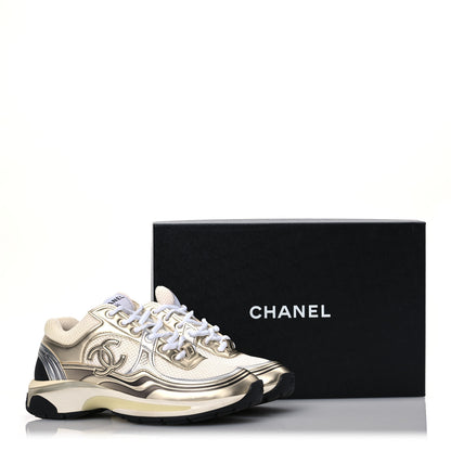 Chanel Fabric Laminated Calfskin Stretch CC Womens Sneakers 37.5 White Gold Silver 14 of 14