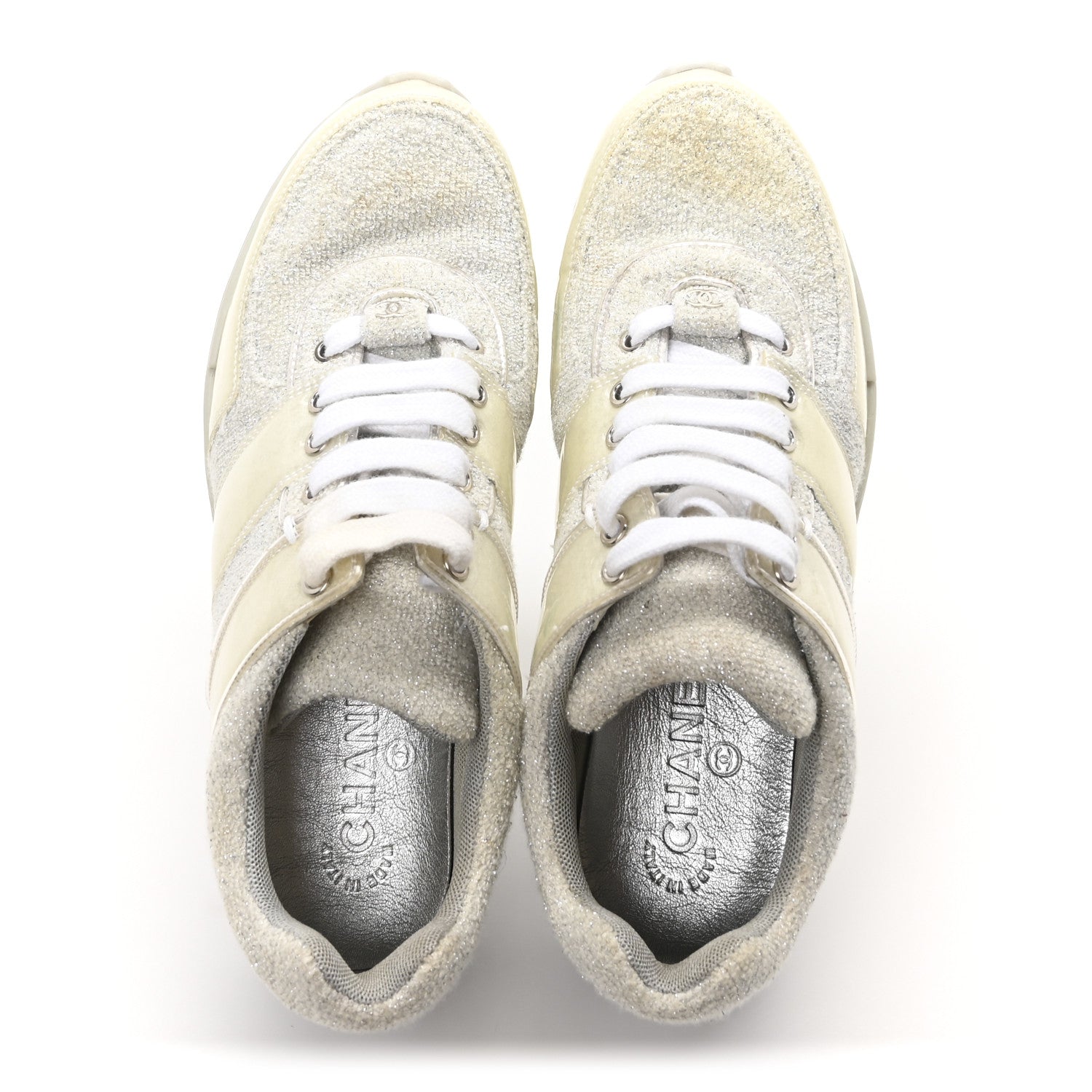 Chanel Iridescent Terry Cloth PVC Calfskin Sneakers 38.5 Silver 3 of 10