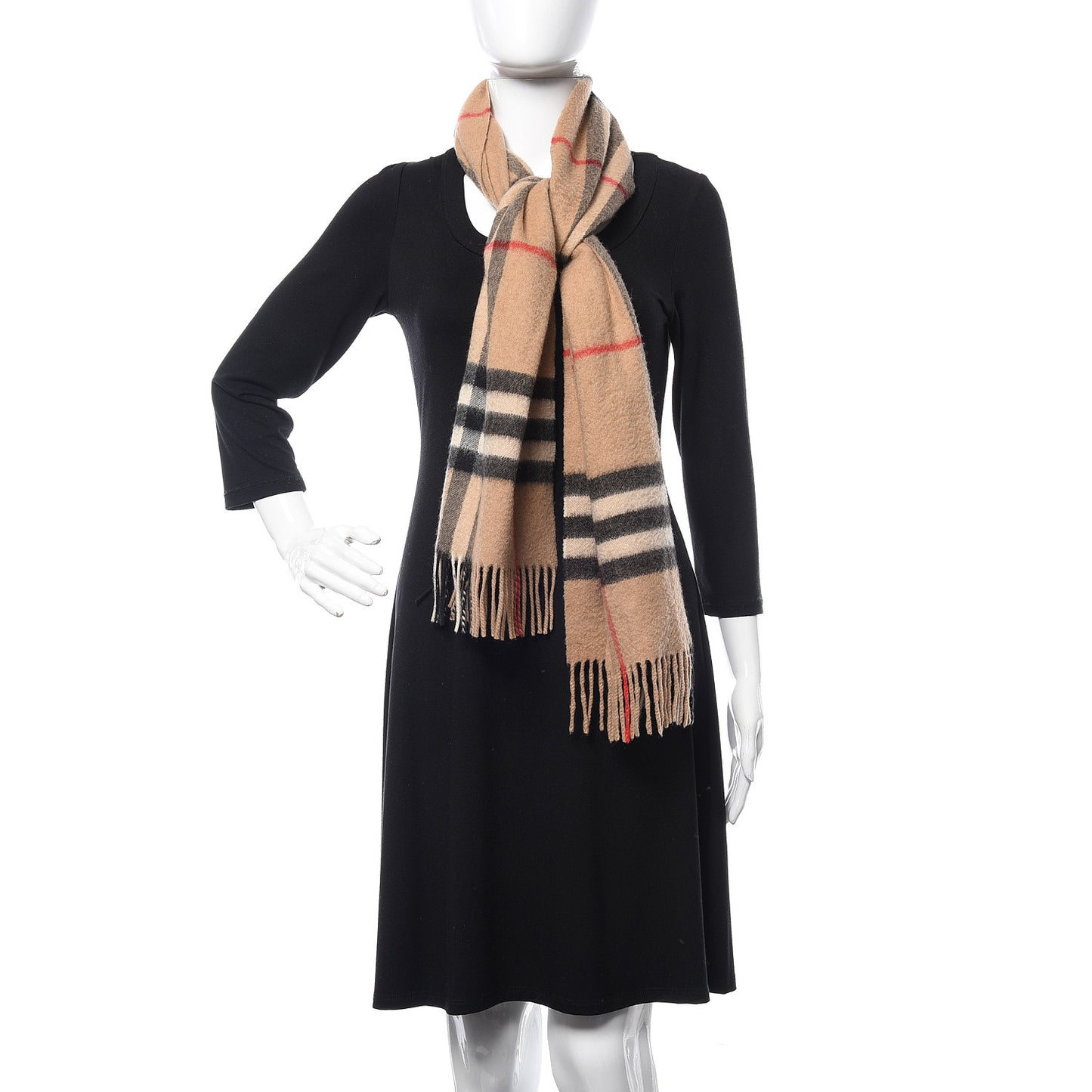 Cashmere Giant Check Fringe Scarf Camel