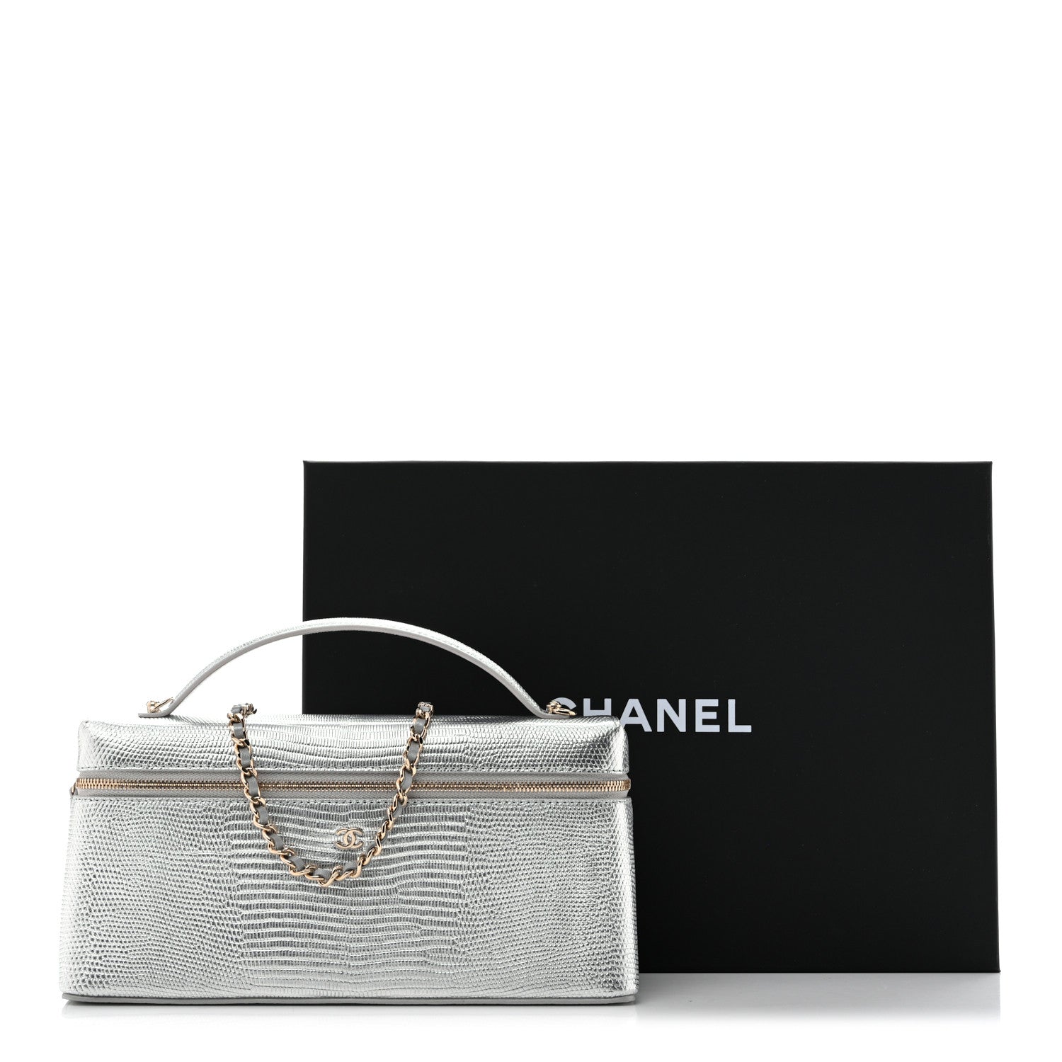Chanel Lizard Embossed Top Handle Slim Vanity With Chain Silver 14 of 14