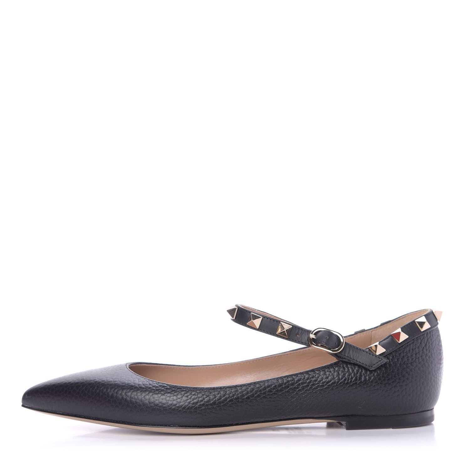 Valentino Garavani Pebbled Calfskin Rockstud Ankle Strap Ballerina Flats 36 Black 1 of 12
