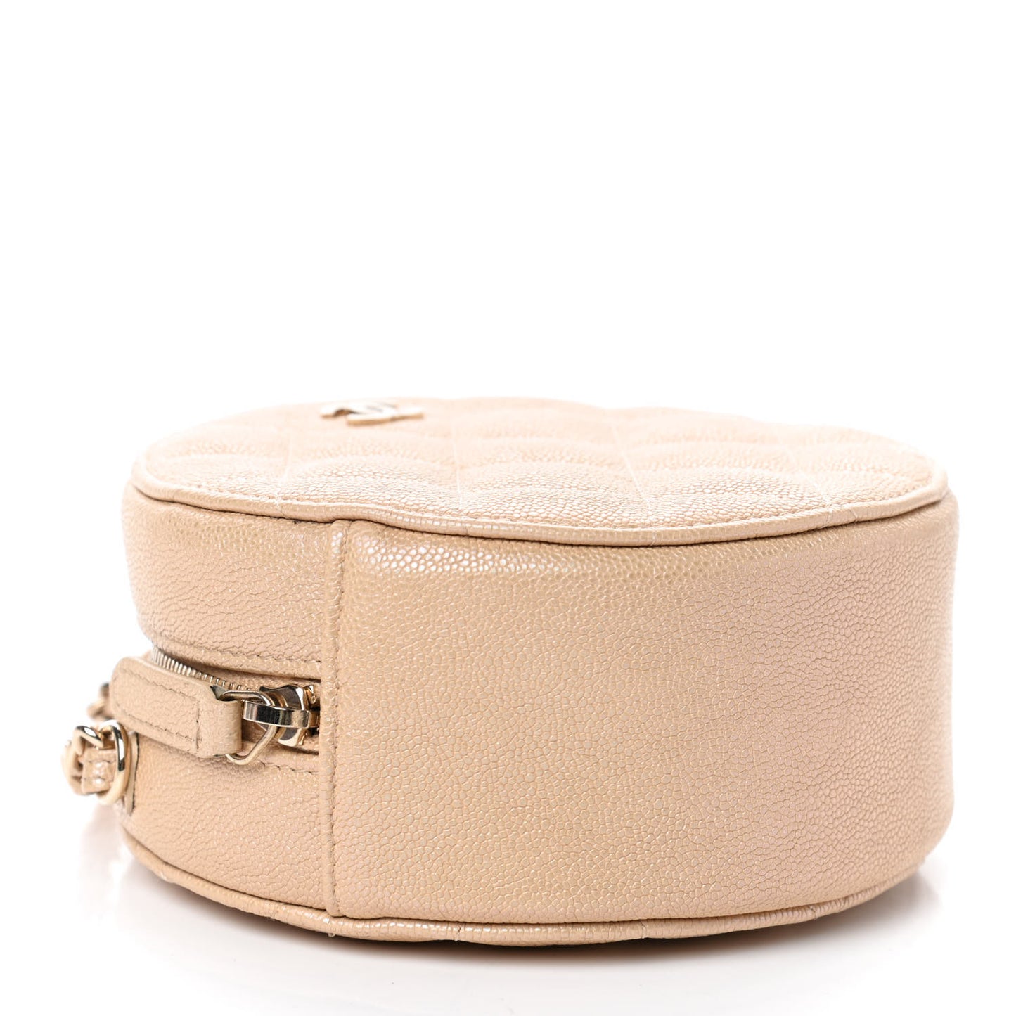 Iridescent Caviar Quilted Round Clutch With Chain Beige