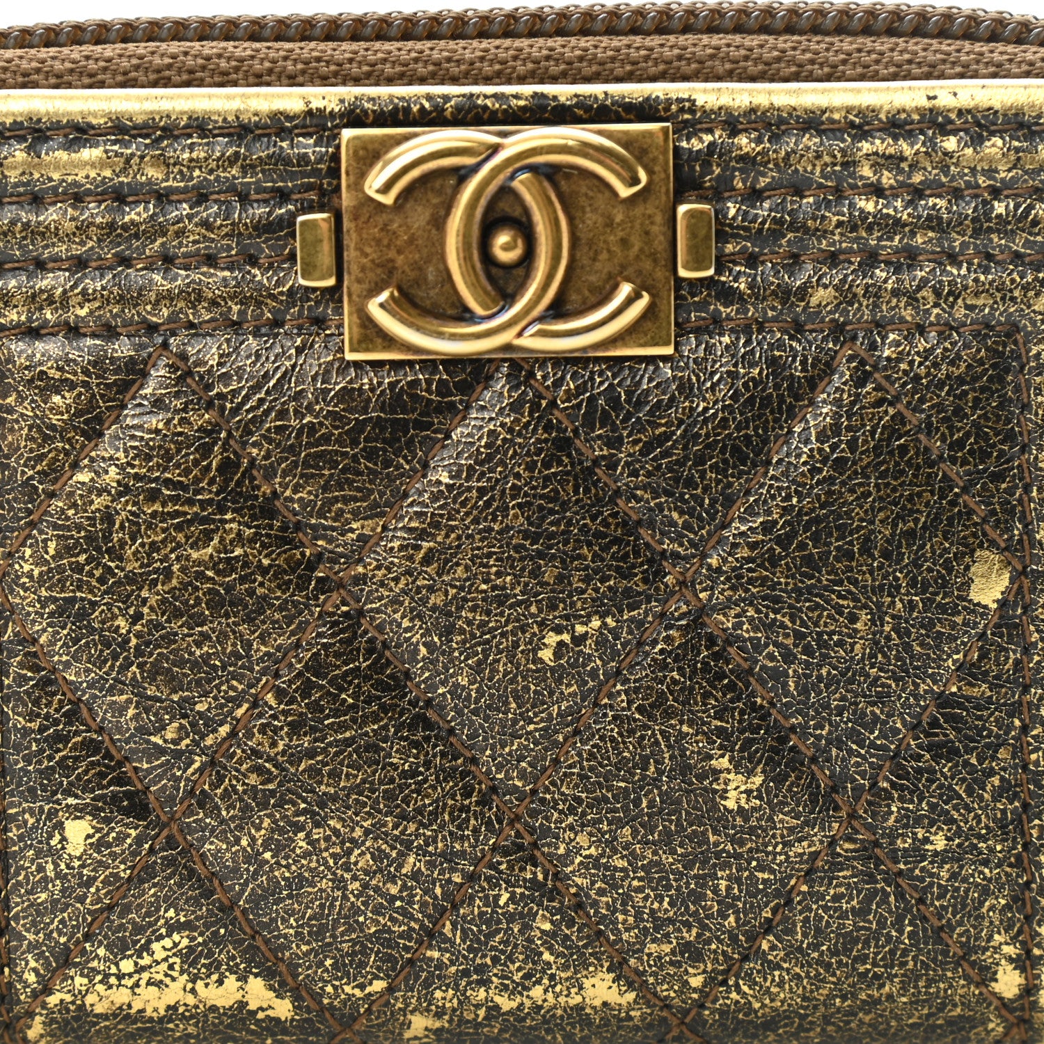 Chanel Cracked Metallic Calfskin Quilted Boy Zip Around Coin Purse Wallet Gold 7 of 10