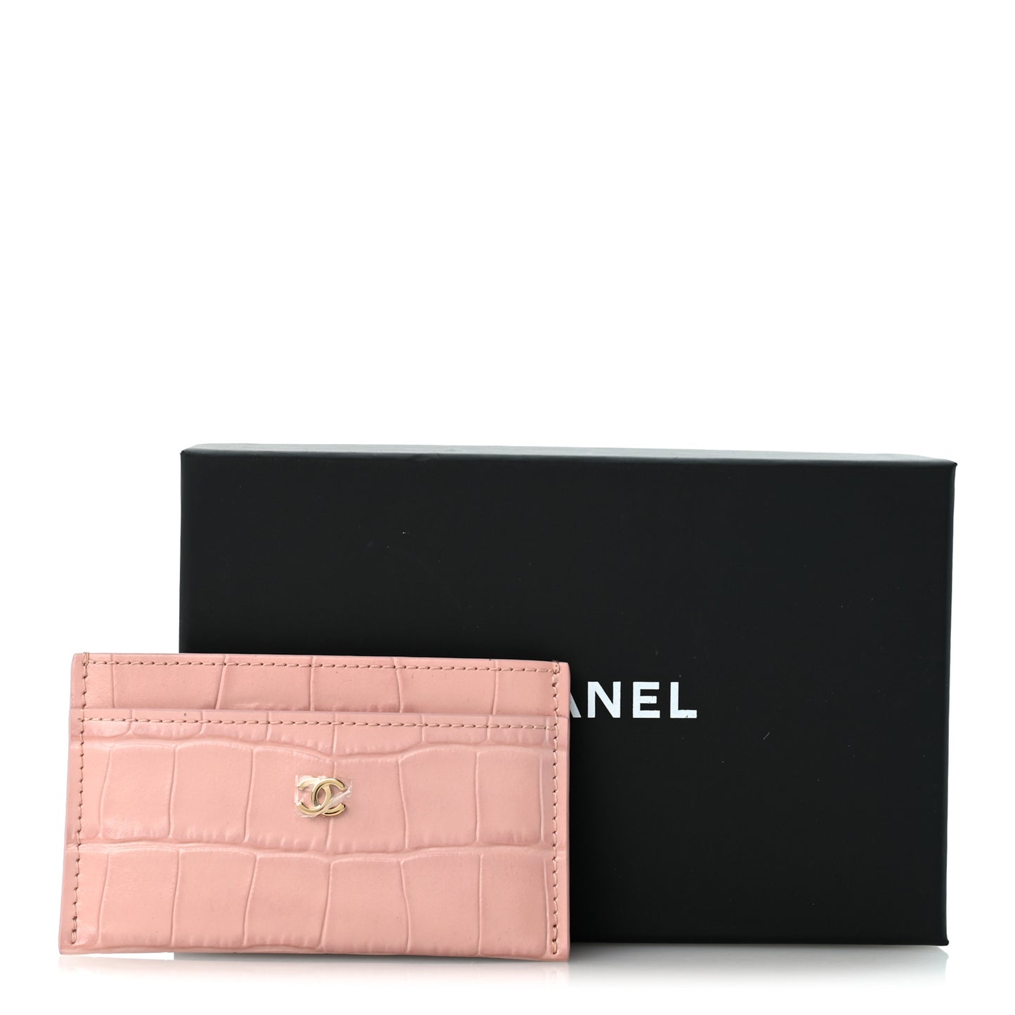 Calfskin Crocodile Embossed Crococo Card Holder Light Pink