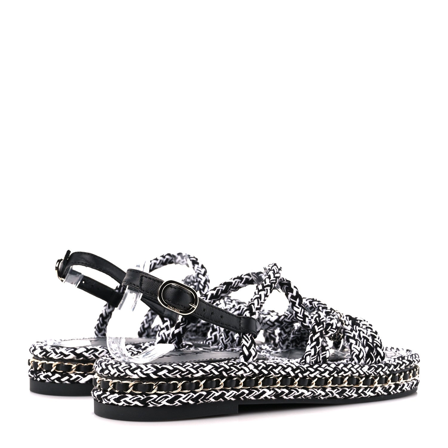 Chanel Cord Lambskin Quilted Logo Sandals 38 Black White 4 of 8