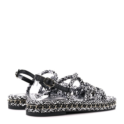 Chanel Cord Lambskin Quilted Logo Sandals 38 Black White 4 of 8