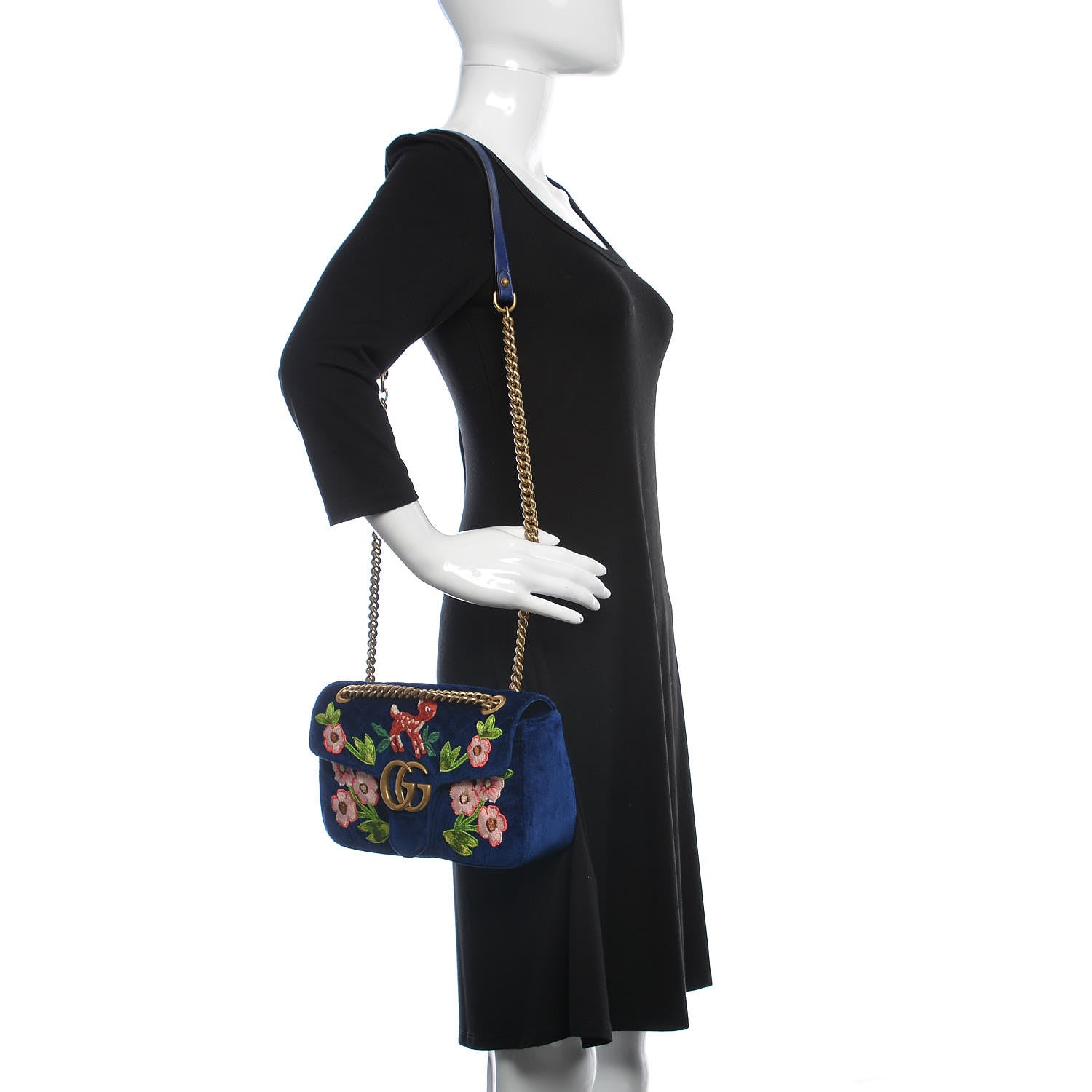 Gucci Velvet Matelasse Deer Embroidered Small GG Marmont Shoulder Bag Cobalt 2 of 12
