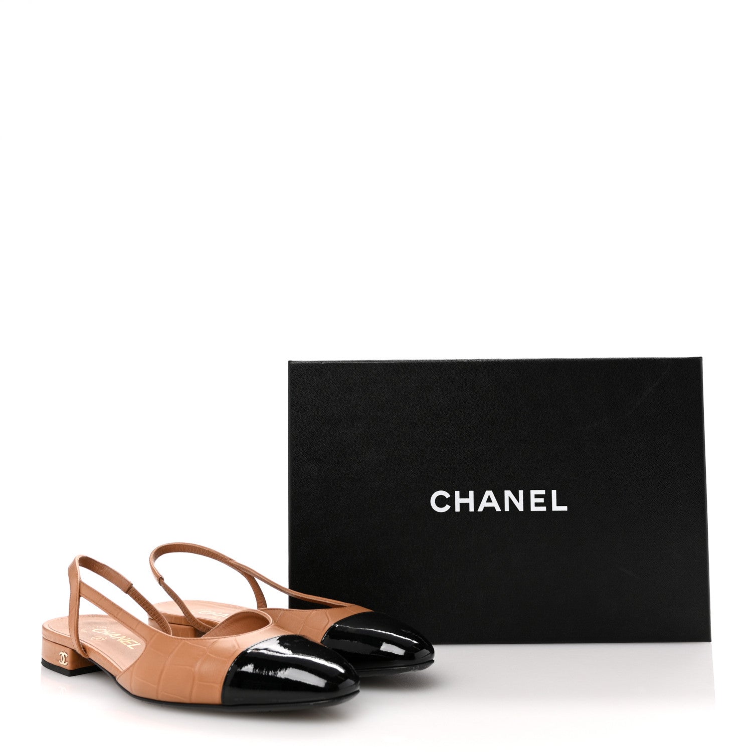 Chanel Calfskin Crocodile Embossed Patent Cap Toe CC Slingback Flats 39 Light Brown Black 12 of 12