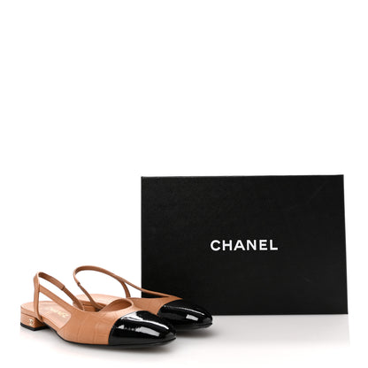 Chanel Calfskin Crocodile Embossed Patent Cap Toe CC Slingback Flats 39 Light Brown Black 12 of 12