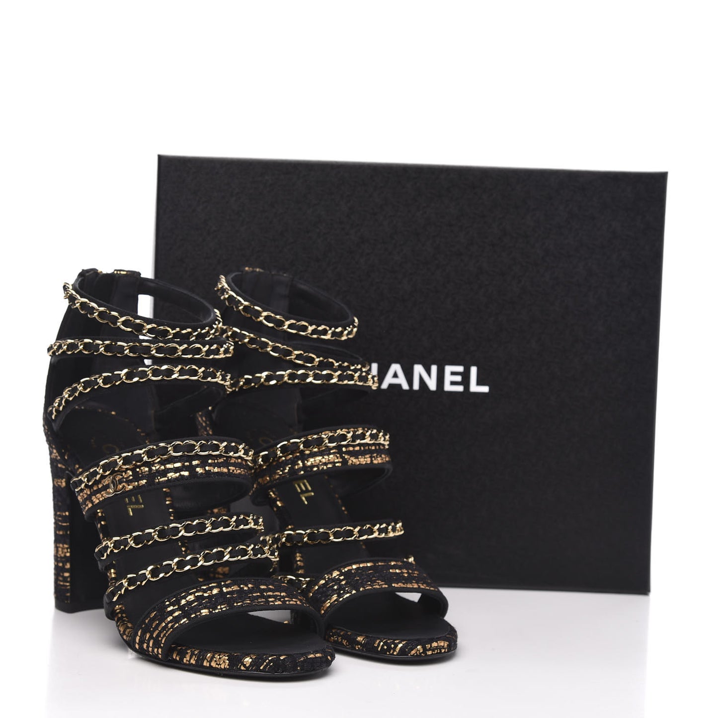 Metallic Tweed Gladiator Chain Sandals 39.5 Black Gold
