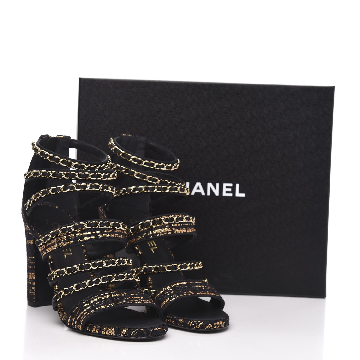 Chanel Metallic Tweed Gladiator Chain Sandals 39.5 Black Gold 9 of 9