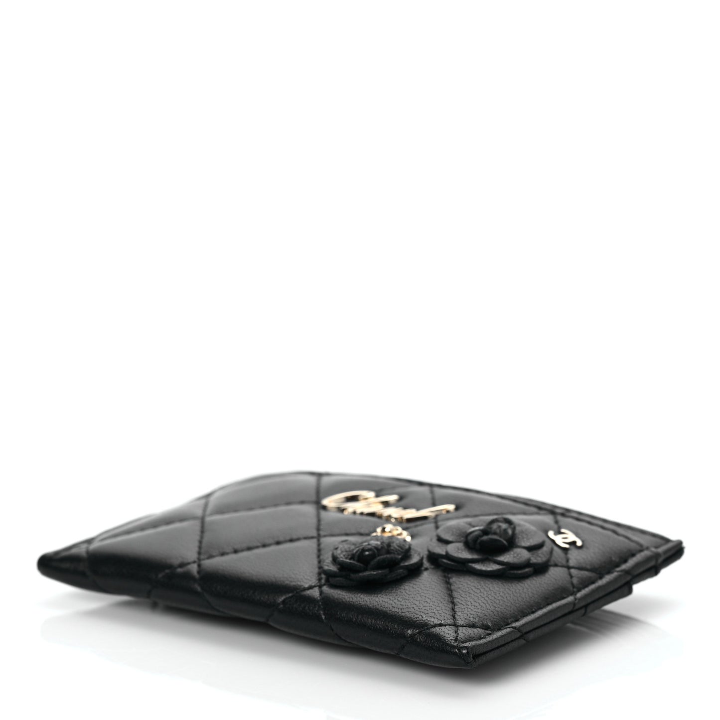 Lambskin Quilted Camellia Card Holder Black