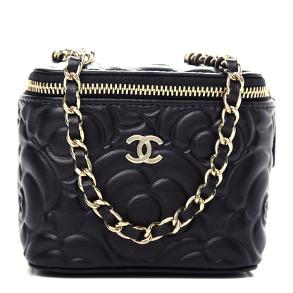 Chanel Lambskin Camellia Embossed Mini Vanity Case With Chain Black 1 of 12