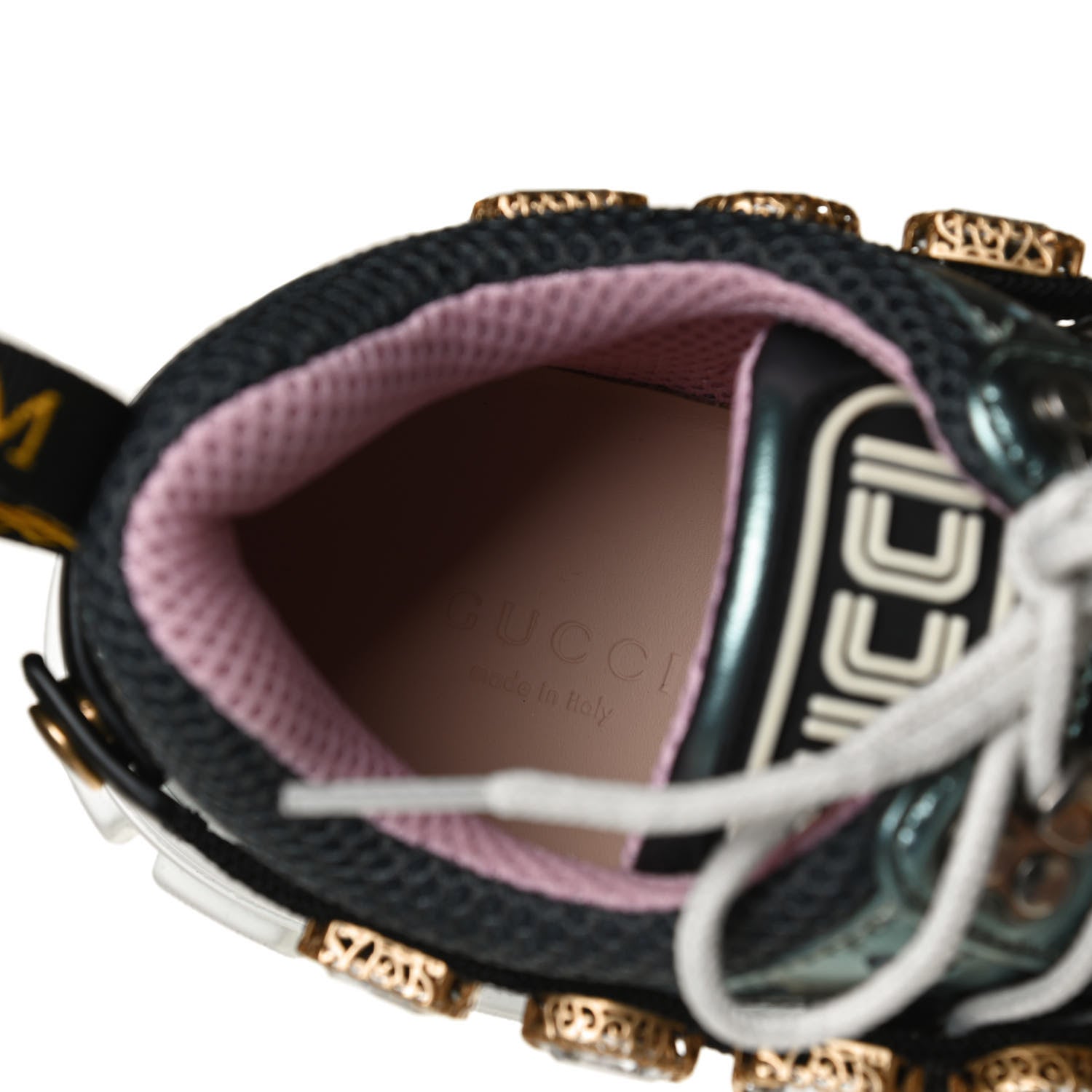Gucci X SEGA Metallic Calfskin Removable Crystals Womens Flashtrek Sneakers 37.5 Lago Loess Silver 8 of 9