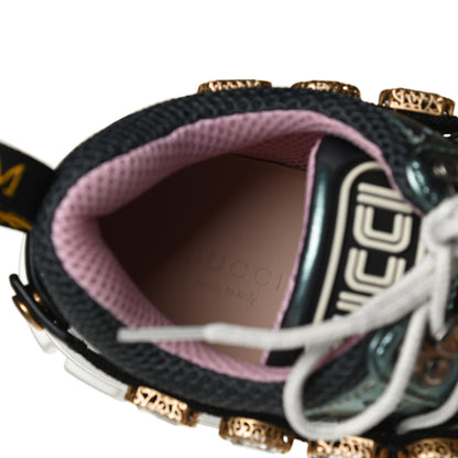 Gucci X SEGA Metallic Calfskin Removable Crystals Womens Flashtrek Sneakers 37.5 Lago Loess Silver 8 of 9
