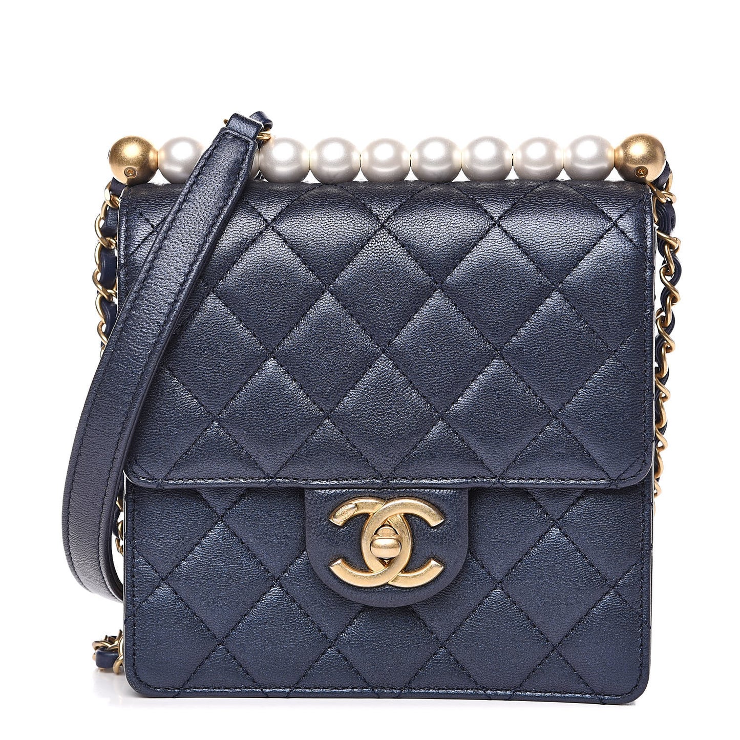 Iridescent Lambskin Quilted Chic Pearls Flap Navy Blue