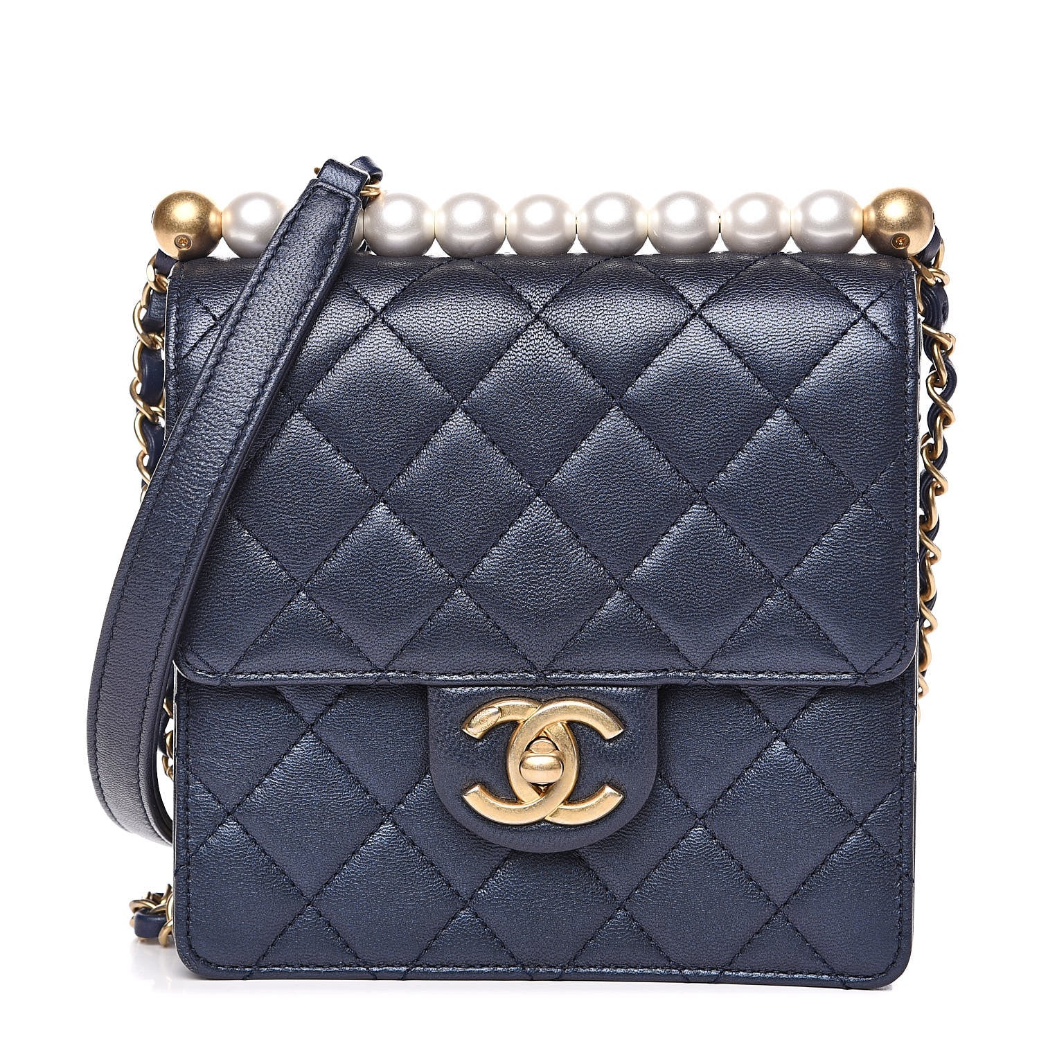 Chanel Iridescent Lambskin Quilted Chic Pearls Flap Navy Blue 1 of 12