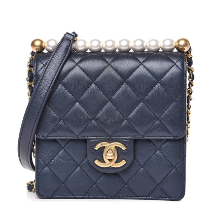 Chanel Iridescent Lambskin Quilted Chic Pearls Flap Navy Blue 1 of 12