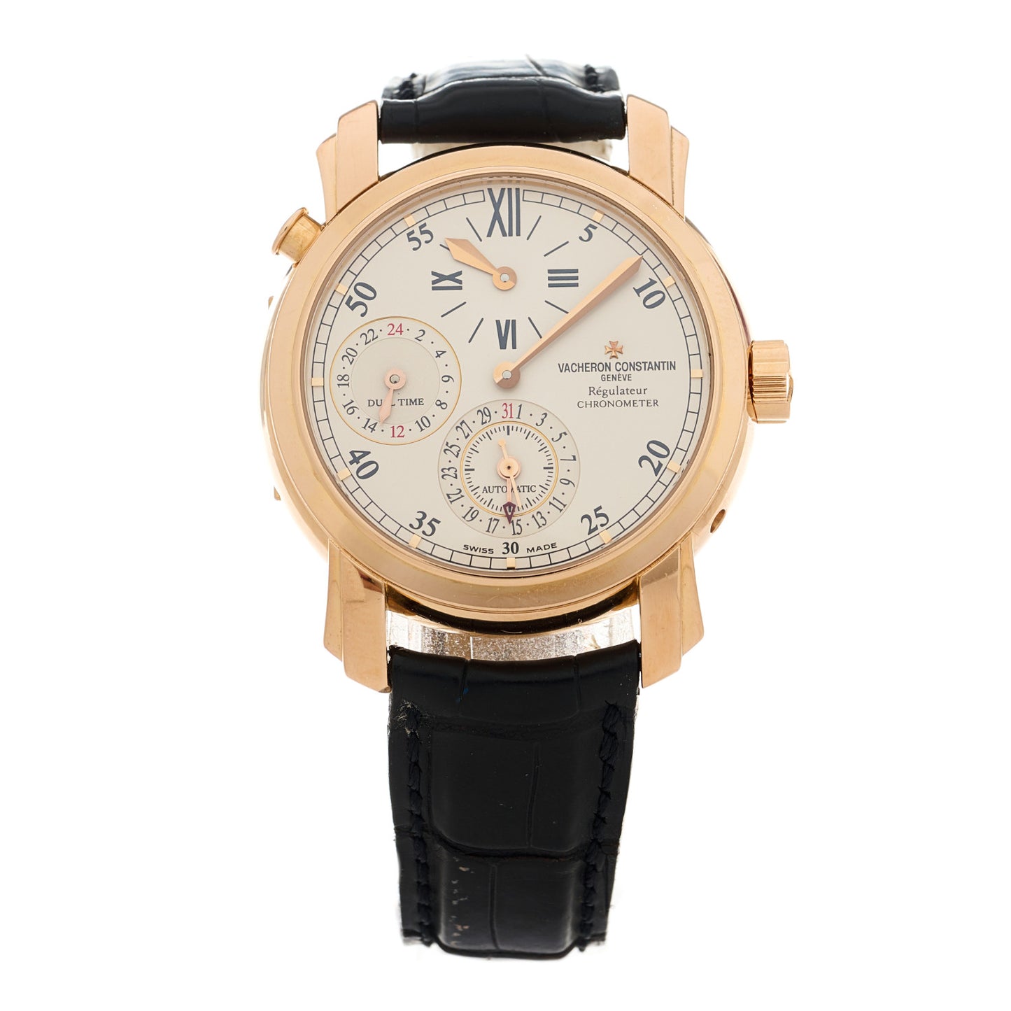 18K Rose Gold Alligator 39mm Malte Dual Time Automatic Watch White 42005