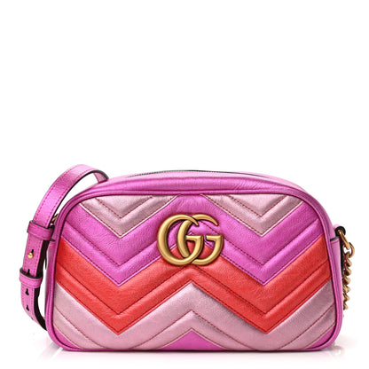 Gucci Laminated Nappa Matelasse Small GG Marmont Chain Shoulder Bag Fuxia Rosso Rosa 1 of 12