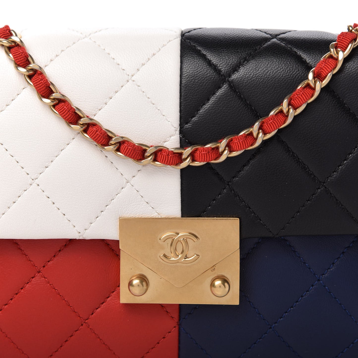 Lambskin Quilted Tri-Color Pagoda Wallet On Chain WOC Red White Blue Black
