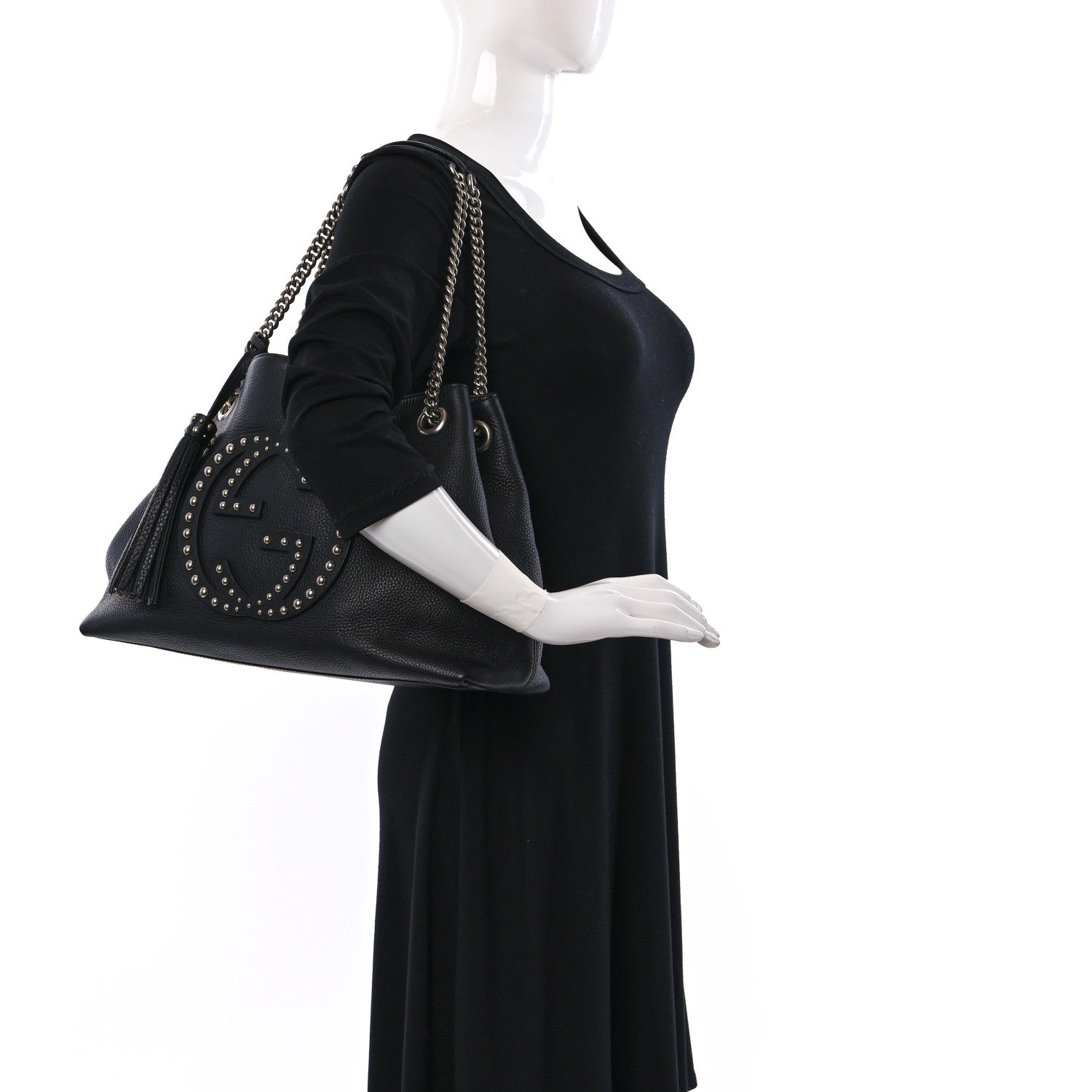 Gucci Pebbled Calfskin Studded Medium Soho Chain Shoulder Bag Black 2 of 9