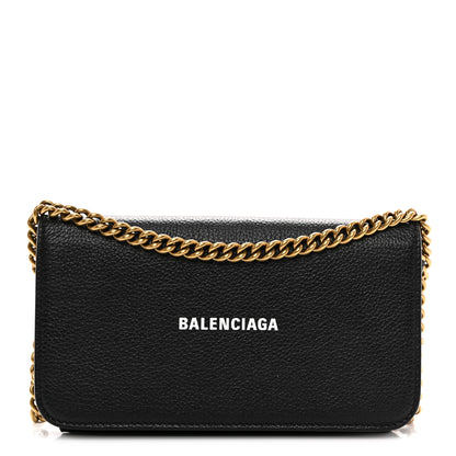 Balenciaga Grained Calfskin Logo Cash Phone Holder Wallet On Chain Black White 1 of 9