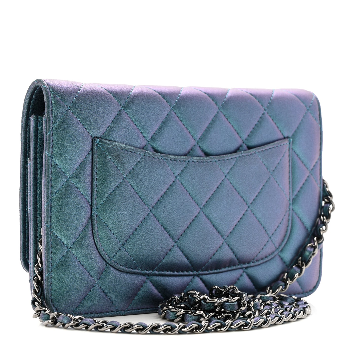 Iridescent Lambskin Quilted Wallet On Chain WOC Turquoise